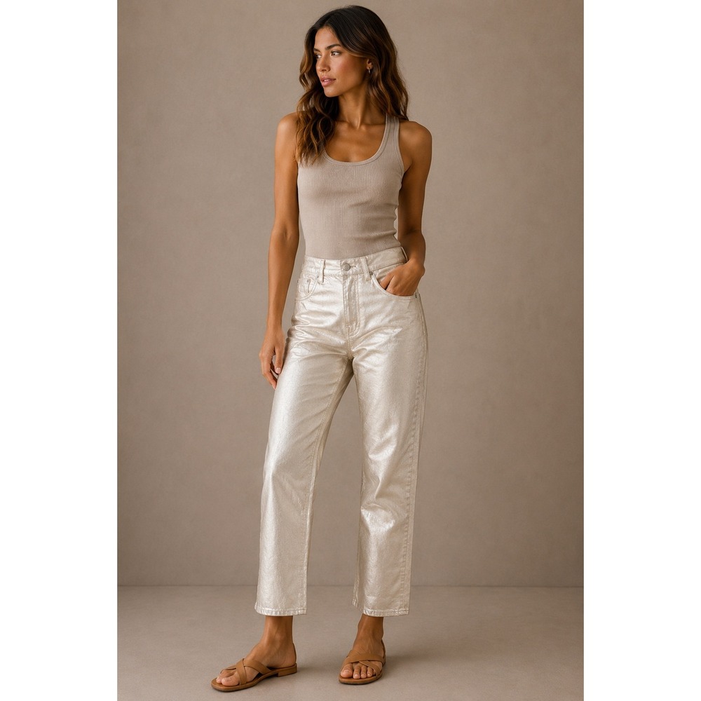 Zara Women Jeans Size 2 Silver The Boy Boy Fit Metallic Straight Leg Denim